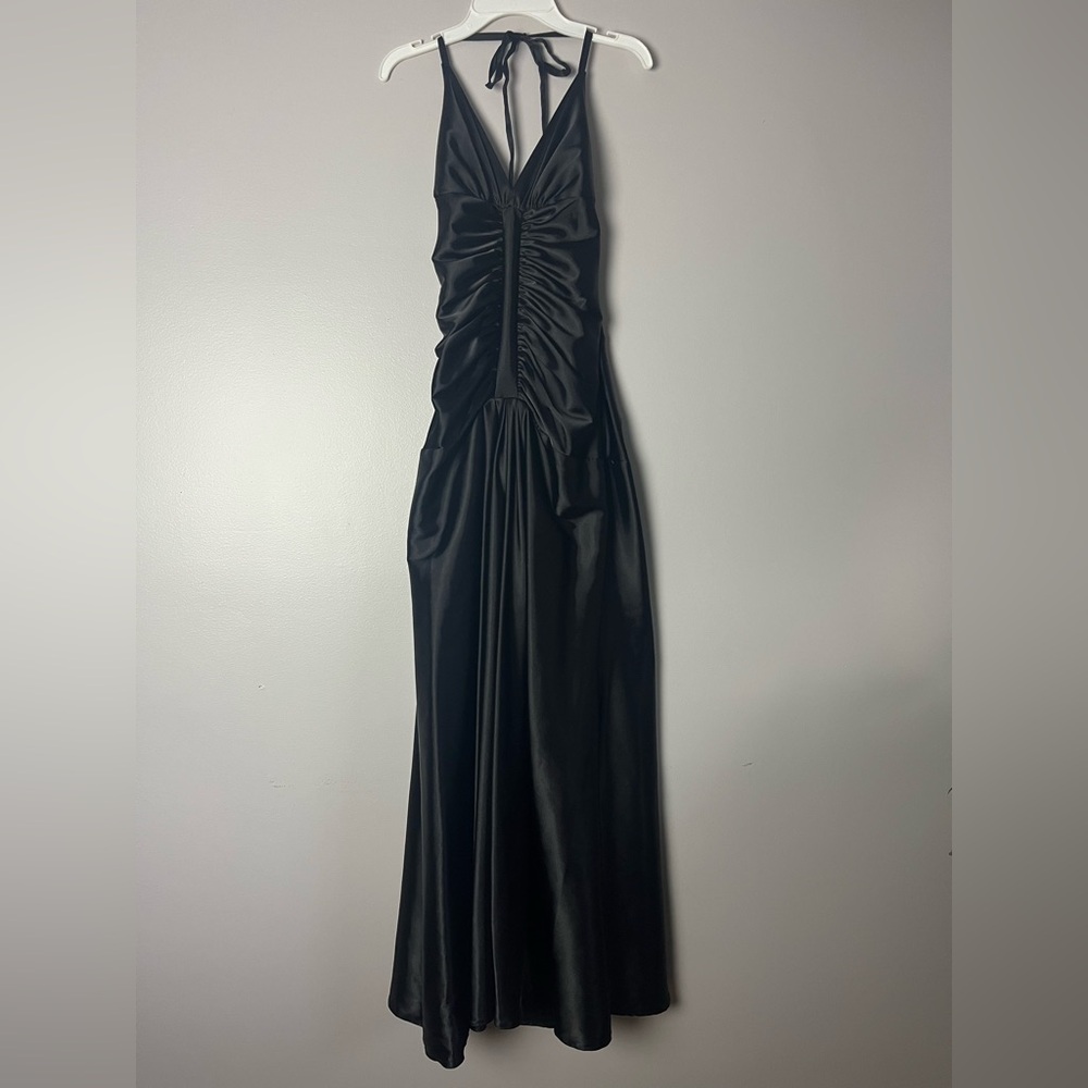 Black satin halter top floor length dress
